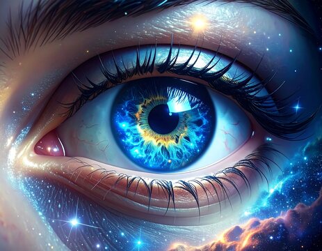 Close-up of a vibrant eye with galaxies reflected in the iris - Powered by Adobe