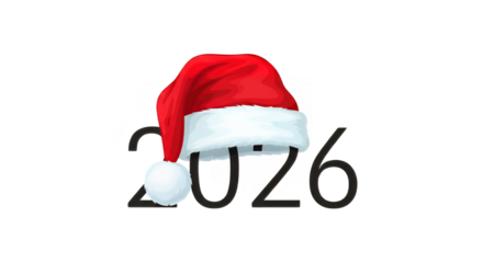 Festive 2026 new year celebration with santa hat for holiday season greetings on transparent background