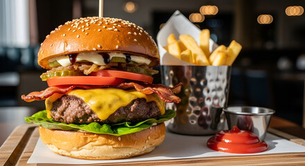 Close up of a cheeseburger with bacon lettuce tomato and pickles served with french fries and ketchup