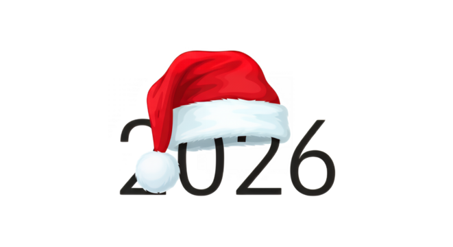 Festive 2026 new year celebration with santa hat for holiday season greetings on transparent background