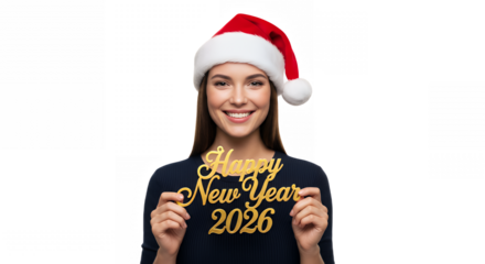 Smiling woman in santa hat holds happy new year 2026 sign on transparent background
