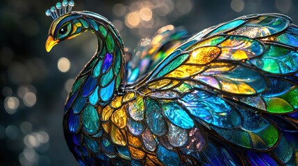 Peacock, tail feathers made of intricate, iridescent stained glass, surreal glass art texture, backlit to show translucency
