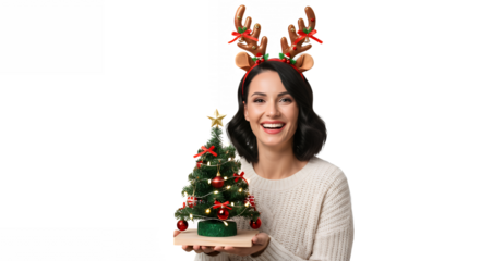 Woman with reindeer antlers holding a small christmas tree and smiling brightly on transparent background
