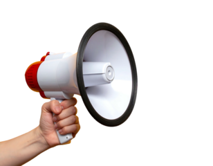 A person's hand firmly grips a white and red megaphone against a stark black background