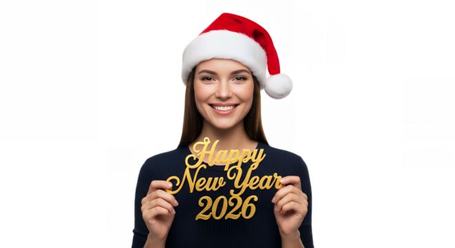 Smiling woman in santa hat holds happy new year 2026 sign on transparent background