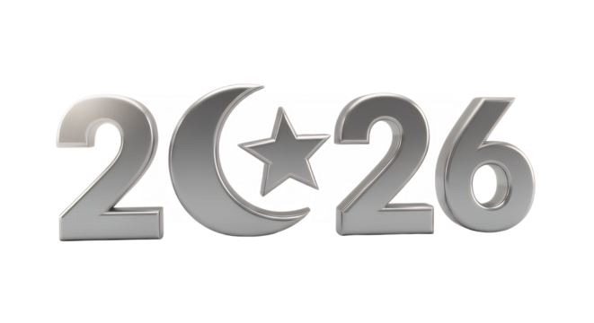 Silver 2026 graphic with crescent moon and star on a black studio background on transparent background - Powered by Adobe