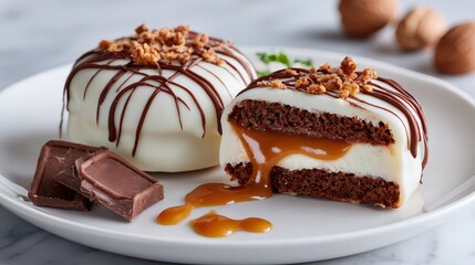 Chocolate caramel cake with white chocolate frosting