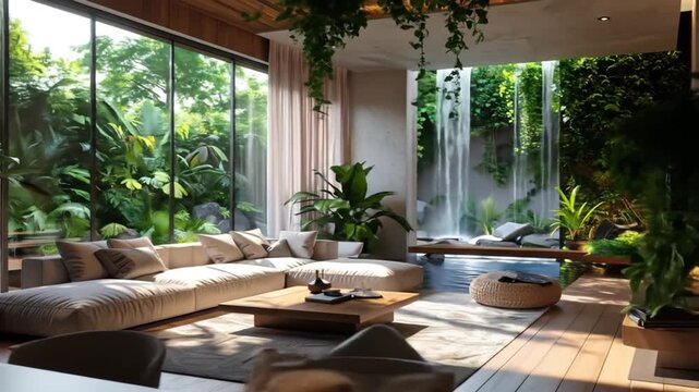 Modern interior with a waterfall feature, large windows, and lush greenery, creating a tranquil ambiance
