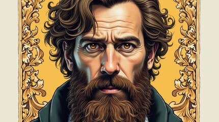 Intense portrait of a bearded man with expressive eyes and ornate background