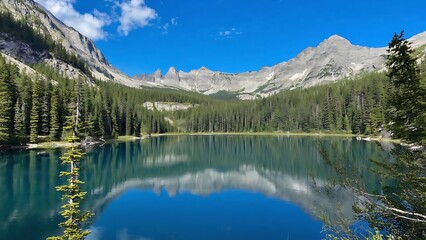 A stunning view of a pristine alpine lake nestled amidst towering mountains and lush green forests on a bright sunny day