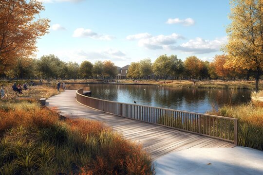 Boardwalk winding through park with people enjoying autumn lake