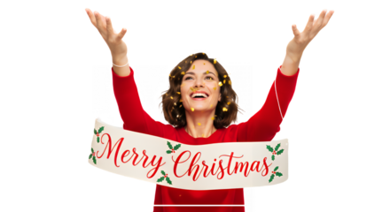 Woman celebrating christmas with confetti and a merry christmas banner in red on transparent background