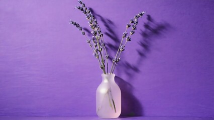 Aromatic dried lavender sprigs in a small glass vase on a vibrant purple background creating a calming and elegant ambiance