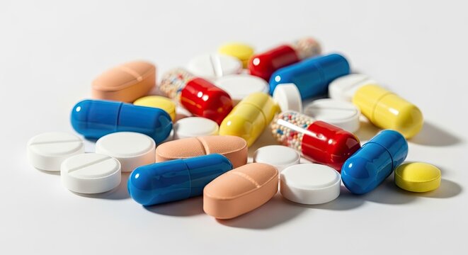 A pile of colorful pills and capsules on a white background.