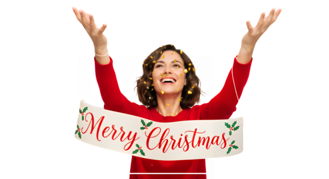 Woman celebrating christmas with confetti and a merry christmas banner in red on transparent background