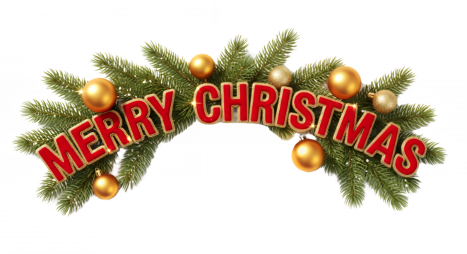 Festive merry christmas text with pine branches and golden ornaments display on transparent background