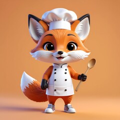 Obraz premium Cute cartoon fox character standing wearing chef hat and apron holding wooden spoon, cooking mascot illustration