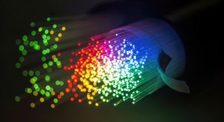 A fiber optic cable with colorful light strands emitting from it.