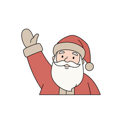 A friendly cartoon illustration of Santa Claus waving with a cheerful smile, wearing his traditional red suit and hat.