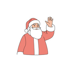 Cartoon illustration of Santa Claus waving his hand, depicted with a red hat, white beard, and a festive red suit, on a plain white background.