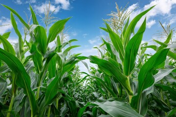 Obraz premium Lush green corn field growing under blue sky