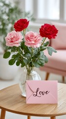 Pink and red roses bouquet with love letter