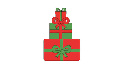 Stack of three festive gift boxes in red and green with ribbons and bows, symbolizing presents and celebrations.