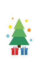 A simple graphic illustration of a green Christmas tree with colorful ornaments and two gift boxes, perfect for holiday celebrations.