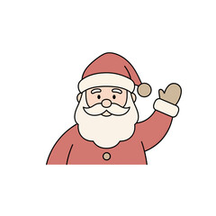 Cartoon illustration of Santa Claus waving, featuring his iconic red hat, white beard, and suit, in a friendly and festive style.