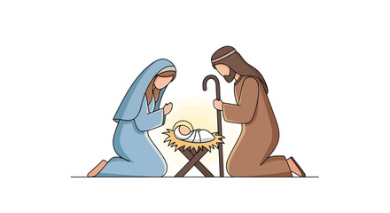 A simple illustration of the Nativity scene with Mary and Joseph kneeling before baby Jesus in a manger, symbolizing the birth of Christ.