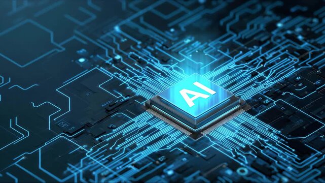 AI isometric futuristic chip with electric circuit wires on technology background. Artificial Intelligence hologram logo on light glowing semiconductor.