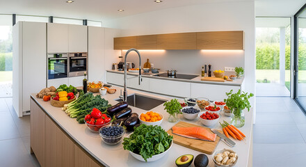A modern kitchen island is topped with fresh produce and ingredients in a bright and airy space