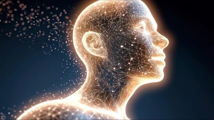 Digital human face made of lines and nodes. Big data flows across the AI head, symbolizing modern technology, neural processing - Powered by Adobe