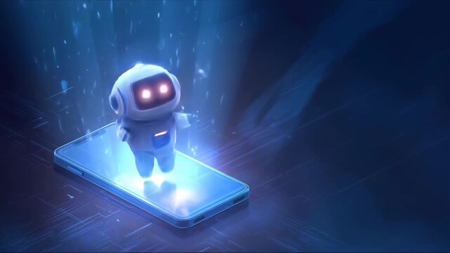 AI assistant bot flying out of a smartphone screen. Mobile app robot with glowing eyes in digital low poly style.