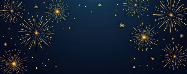 A dark navy banner featuring stylized fireworks patterns drawn in thin gold linework