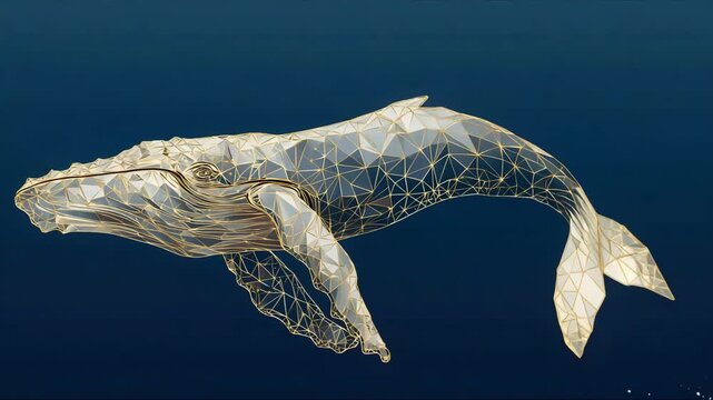 Abstract Geometric Golden Whale. Luxury Animal. White Whale in Low Poly Wireframe