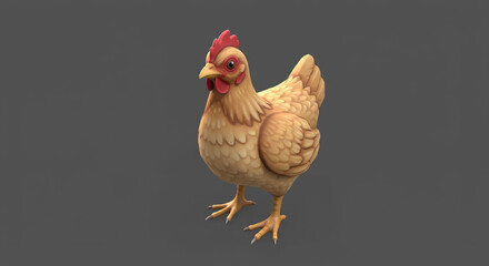 Charming cartoon chicken character with vibrant feathers and a playful stance, perfect for animation and farm-themed designs.