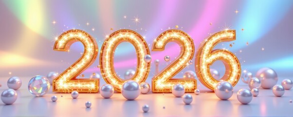 Glass and chrome spheres floating around golden neon "2026," emitting soft particle spark trails