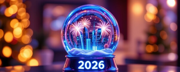 A transparent holographic snow globe holding tiny futuristic city inside