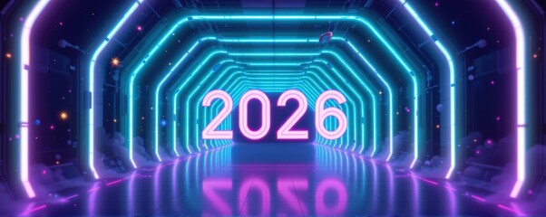 Neon corridor stretching into infinity, each arch glowing in gradient turquoise purple light