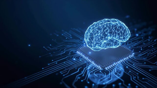 Digital AI chip integral into abstract technology brain on dark blue background. Circuit board tech bg. Low poly wireframe AI mind.
