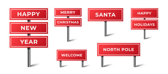 Happy New Year 2026 road signs collection. Red board panel with text Santa, Merry Christmas, Welcome, North Pole, Happy Holidays