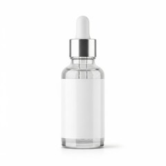 Clear Glass Dropper Bottle with White Label and Silver Cap in Studio Setting