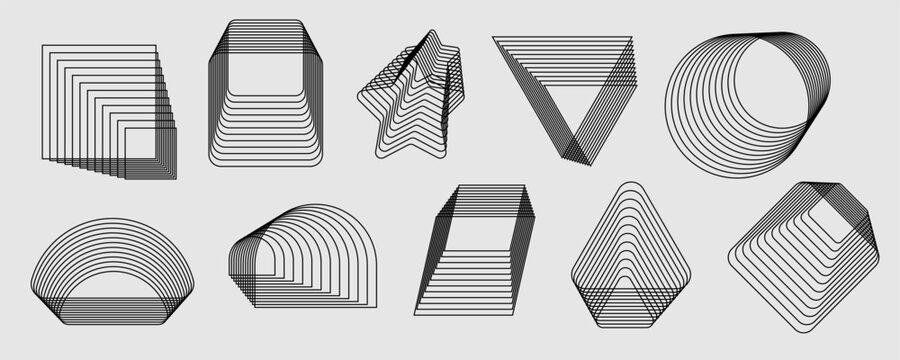 Futuristic linear shapes collection. Set of Y2k black geometric blends
