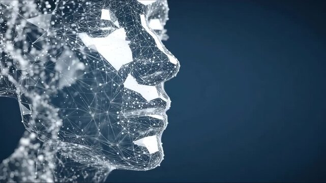 A humanoid robot head. Close-up of an abstract AI human face sideways. A geometric low poly wireframe tech  suitable for a presentation or tech articles.