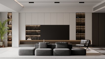 Modern Minimalist Luxury Living TV Room Interior - 3d Render
