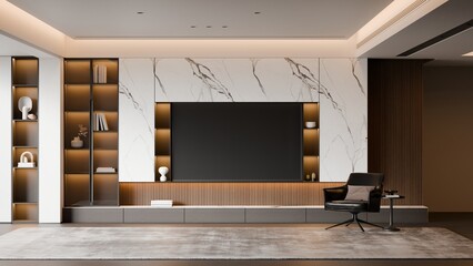 Modern Minimalist Luxury Living TV Room Interior - 3d Render
