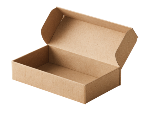 Empty brown cardboard box, angled view, against black