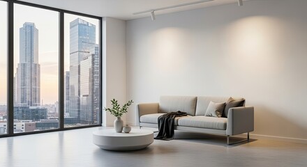 Fototapeta premium A modern, minimalist living room with a large window overlooking a city skyline.