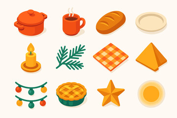 Cozy Meal Icons. Home Comfort Meal modern flat icon set: casserole, mug, bread, plate, candle flame, pine branch, tablecloth, napkin, garland, pie dish, star, warm light.